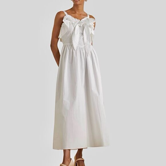 BATSHEVA A-Line Maxi Dress White Size 2 Eyelet Lace Ruffle‎ Corset Shape Bodice - Picture 2 of 15